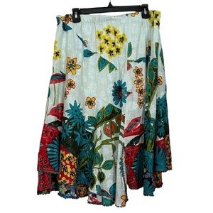 ANU Skirt Vibrant Tropical Embroidered Asymmetrical Hem Elastic Waist Size M